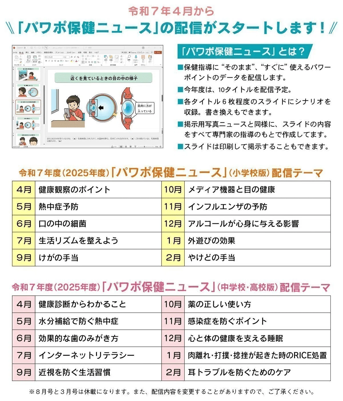 保健ニュース、心の健康ニュース、給食ニュース、みんなの安全ニュース