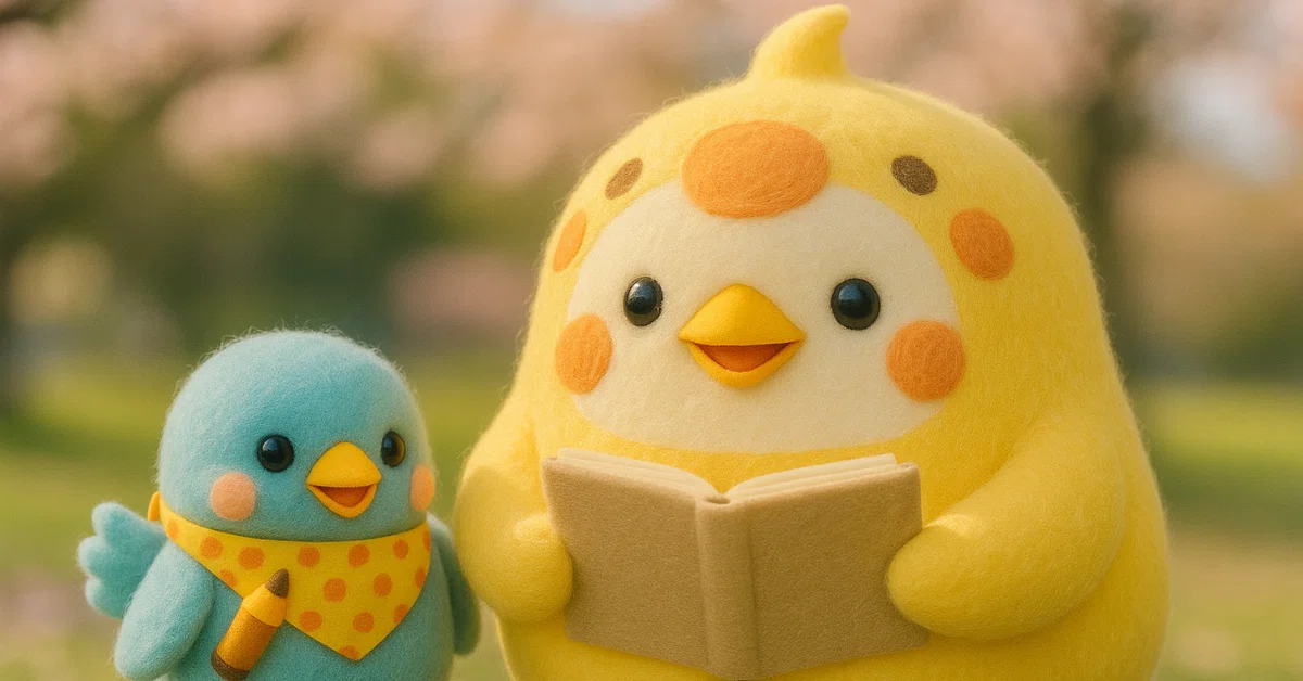 黄色い鳥のキャラクター・ペン吉が本を読んでいる。隣には青い小鳥のキャラクター・ことりさんが並び、桜の木の下で微笑んでいる。春らしい背景で、和やかな雰囲気。