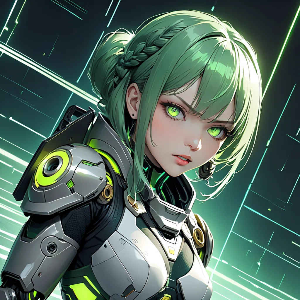 AIイラスト | サイバーパンク美少女シリーズ【緑編】虹色サイボーグ