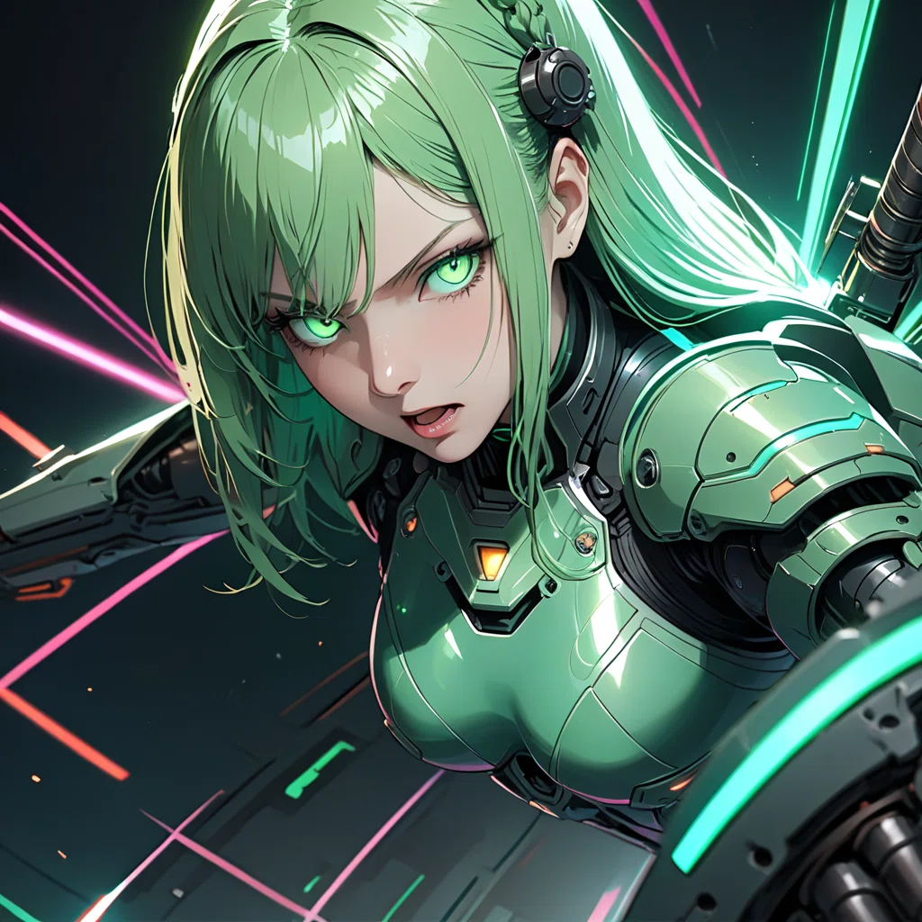 AIイラスト | サイバーパンク美少女シリーズ【緑編】虹色サイボーグ