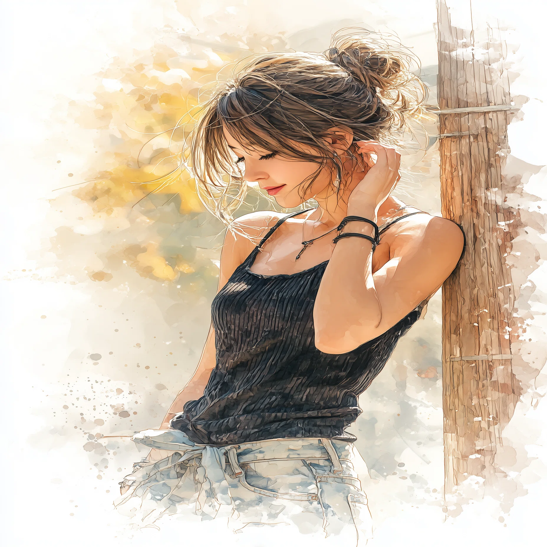 MidJourneyで描く｜「秋の夕暮れに耳を澄ます女性」｜プロンプト解説
