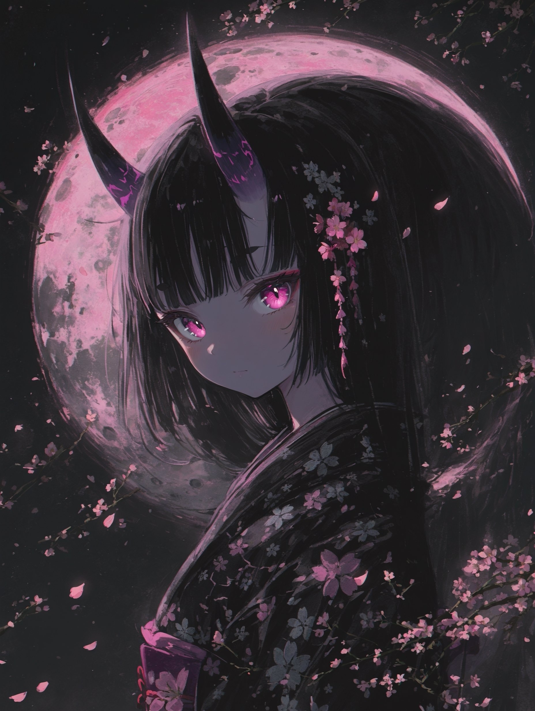 AIイラスト制作記｜皆既月食と鬼の少女─ 鉛筆の闇に咲く桜と幻想の