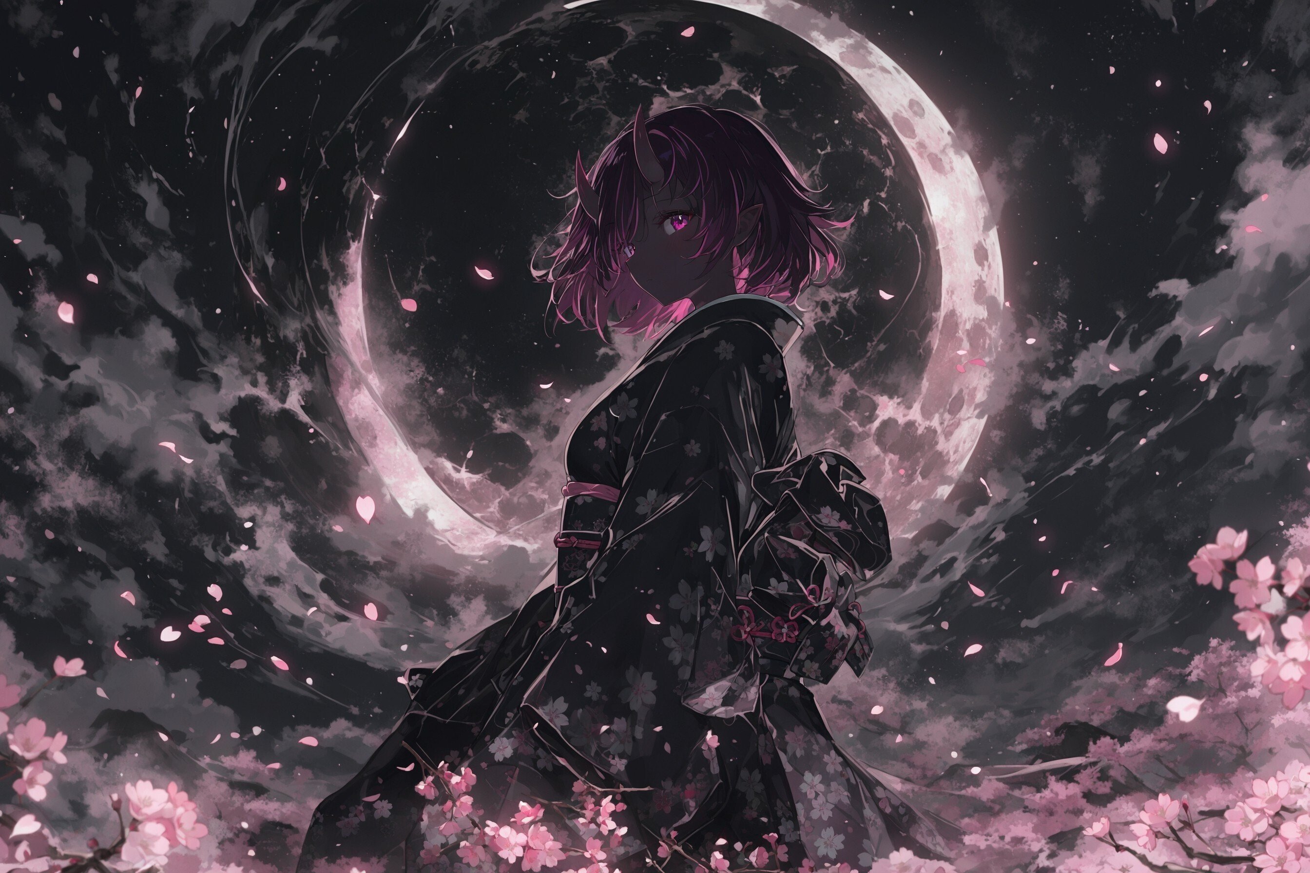 AIイラスト制作記｜皆既月食と鬼の少女─ 鉛筆の闇に咲く桜と幻想の