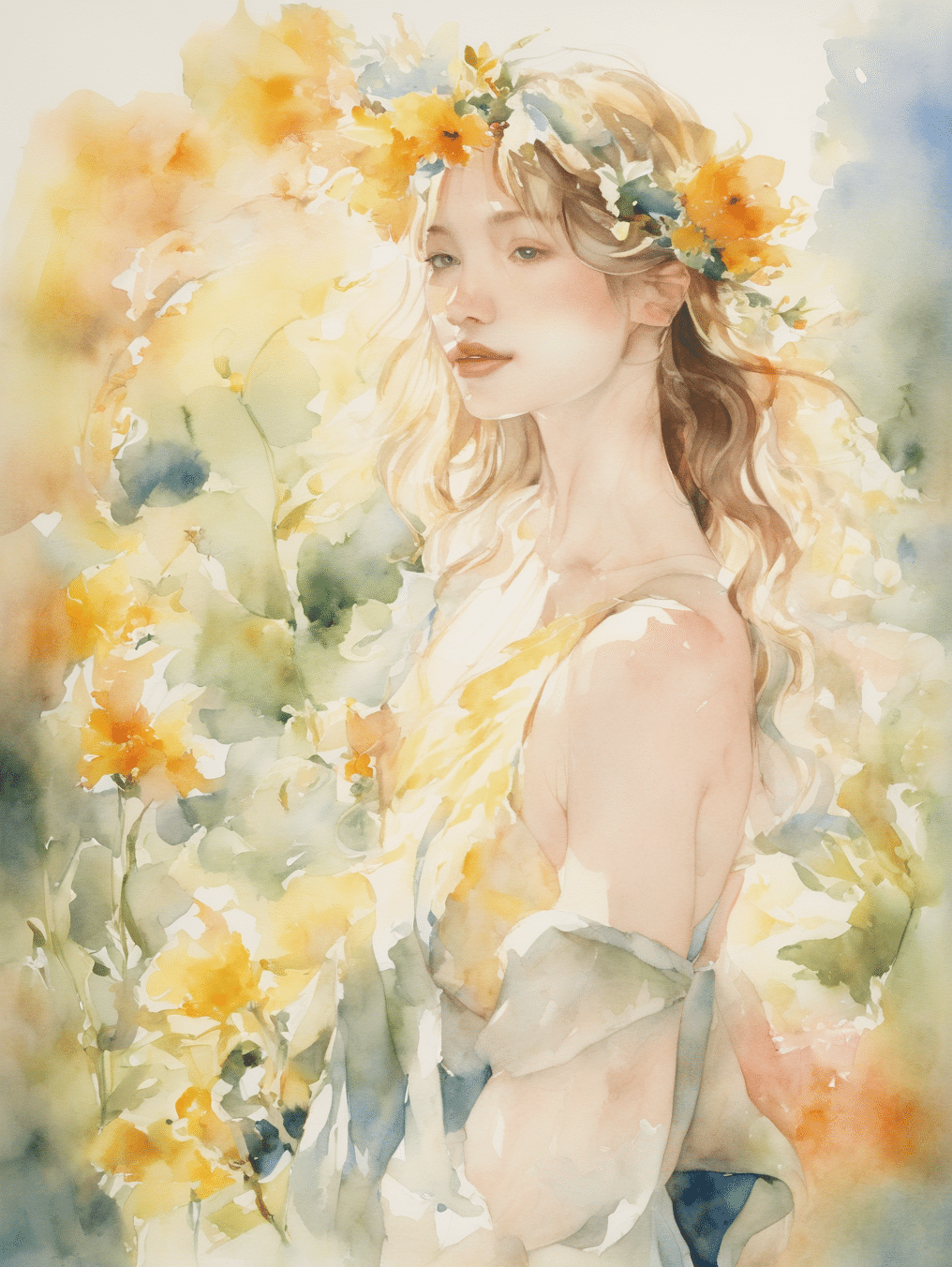 AI : 花と女性 (1) 水彩画風｜キータン🦋写真とAIで紡ぐもう1つのリアル✨