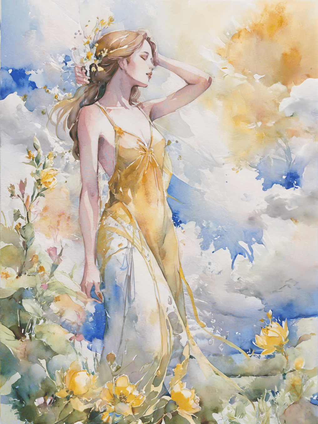 AI : 花と女性 (1) 水彩画風｜キータン🦋写真とAIで紡ぐもう1