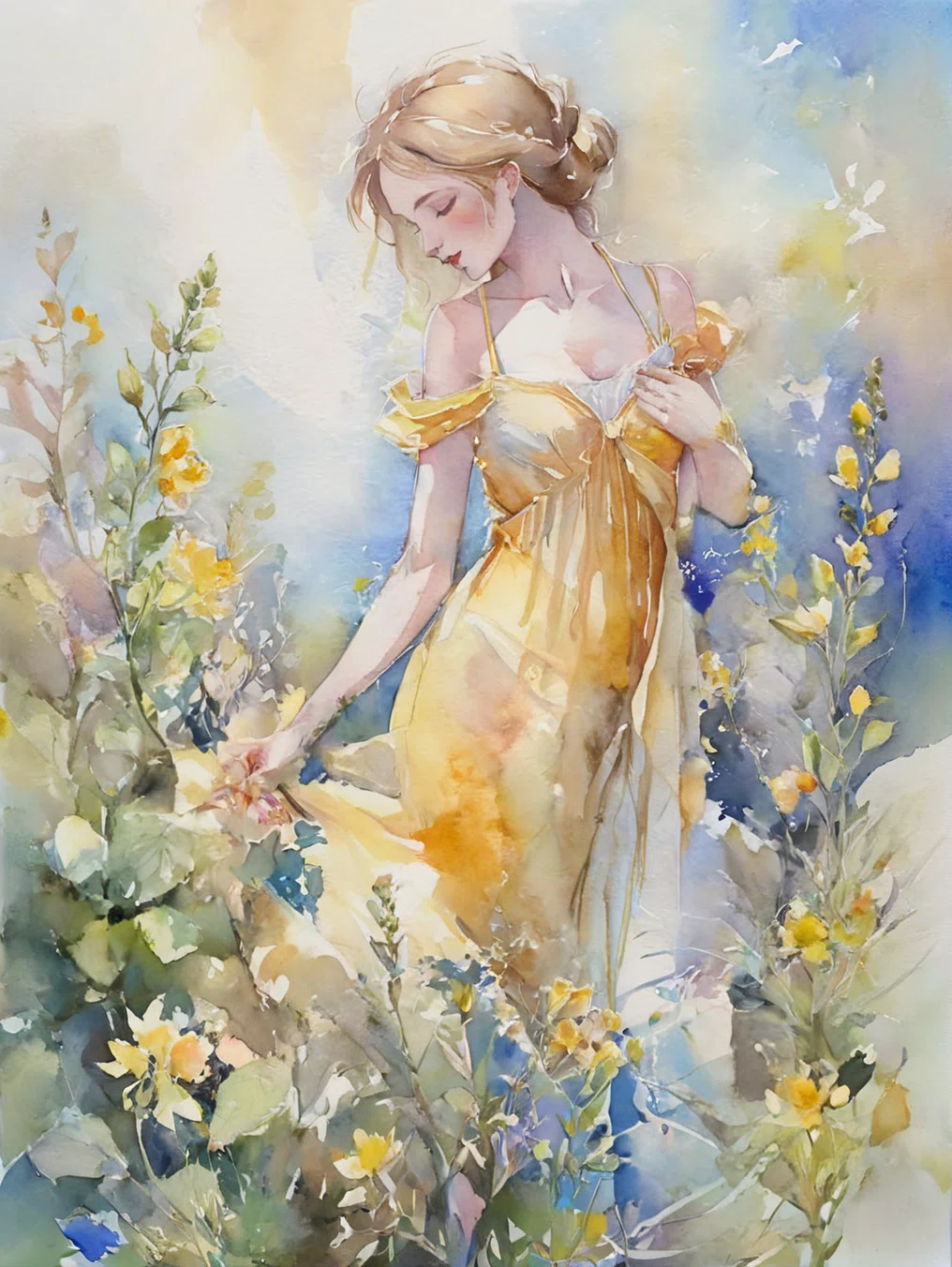 AI : 花と女性 (1) 水彩画風｜キータン🦋写真とAIで紡ぐもう1つのリアル✨