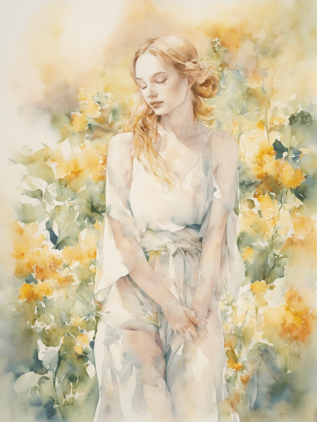AI : 花と女性 (1) 水彩画風｜キータン🦋写真とAIで紡ぐもう1