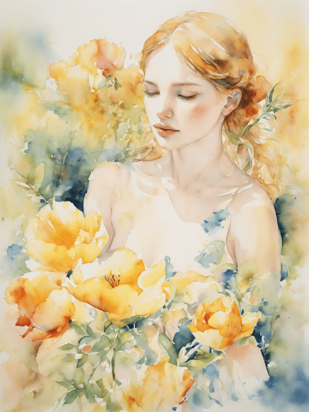 ☆AIアート☆　花と少女の水彩タッチ絵画　額付き ☆AIアート☆ 花と少女の水彩タッチ絵画 額付き