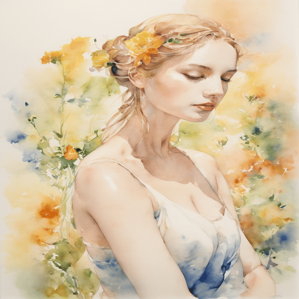 少女の肖像 水彩画 AI : 花と女性 (1) 水彩画風｜キータン🦋写真とAIで紡ぐもう1つのリアル✨