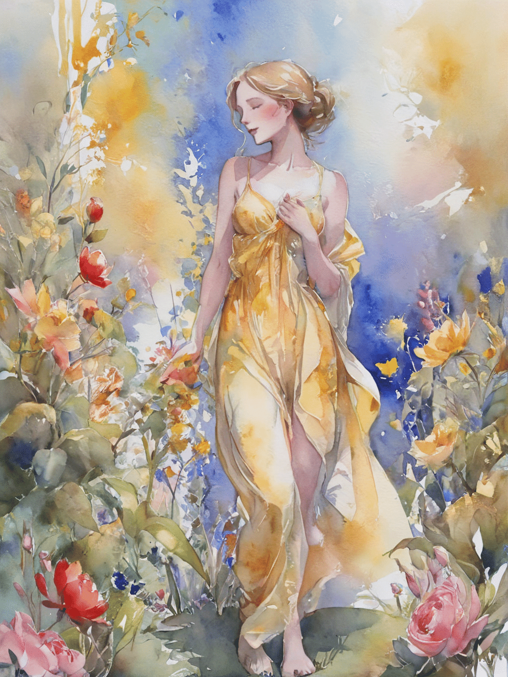 ☆AIアート☆　花と少女の水彩タッチ絵画　額付き ☆AIアート☆ 花と少女の水彩タッチ絵画 額付き