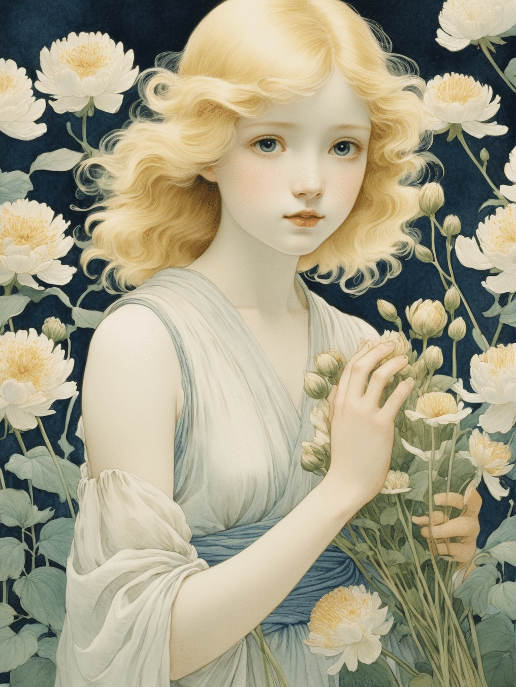 ☆AIアート☆　花と少女の水彩タッチ絵画　額付き ☆AIアート☆ 花と少女の水彩タッチ絵画 額付き