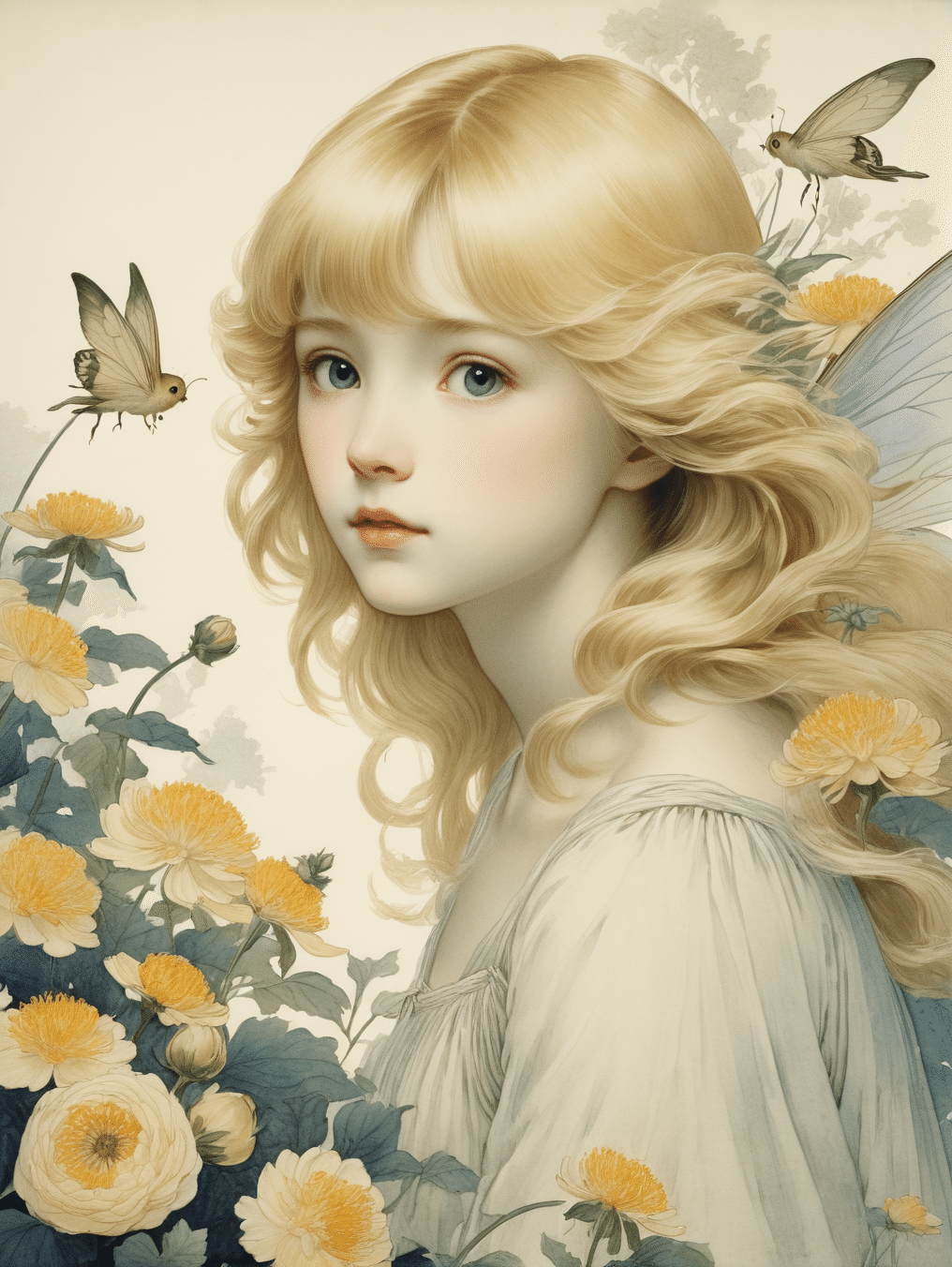 ☆AIアート☆　花と少女の水彩タッチ絵画　額付き 水彩画 少女と花（原画、F4サイズ、額付き） Girl and Flower