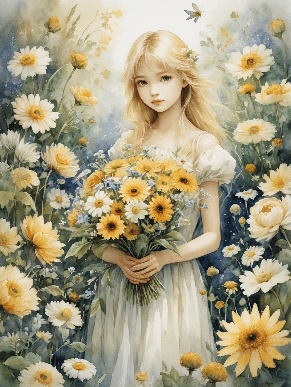 ☆AIアート☆　花と少女の水彩タッチ絵画　額付き ☆AIアート☆ 花と少女の水彩タッチ絵画 額付き AI : 花と