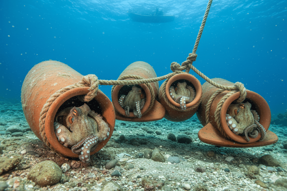 タコなど海の生き物の装飾が付いた蛸壺 タコなど海の生き物の装飾が付いた蛸壺 タコなど海の