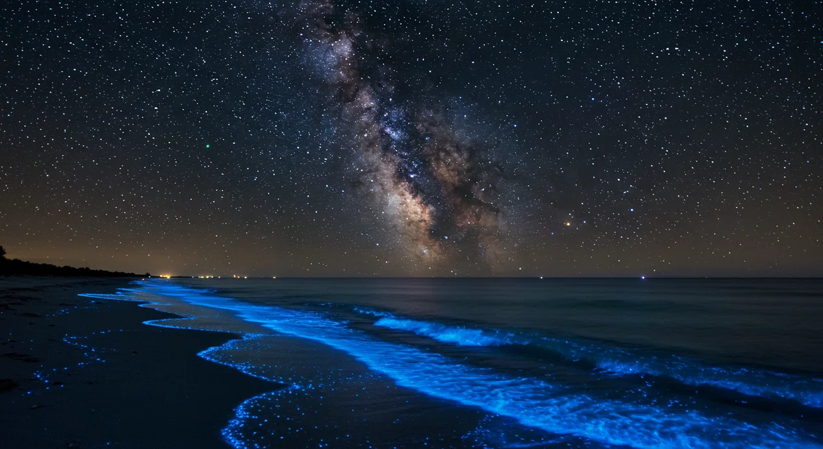 夜の海で幻想的に光る夜光虫が、セクションの主要テーマである「光り物」の効果を美しく表現。