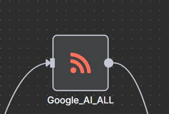n8nワークフローのGoogle_AI_ALLノード。Google関連のAIニュースRSSフィードを取得する設定を示すアイコンで、スケジュールトリガーから接続されている。