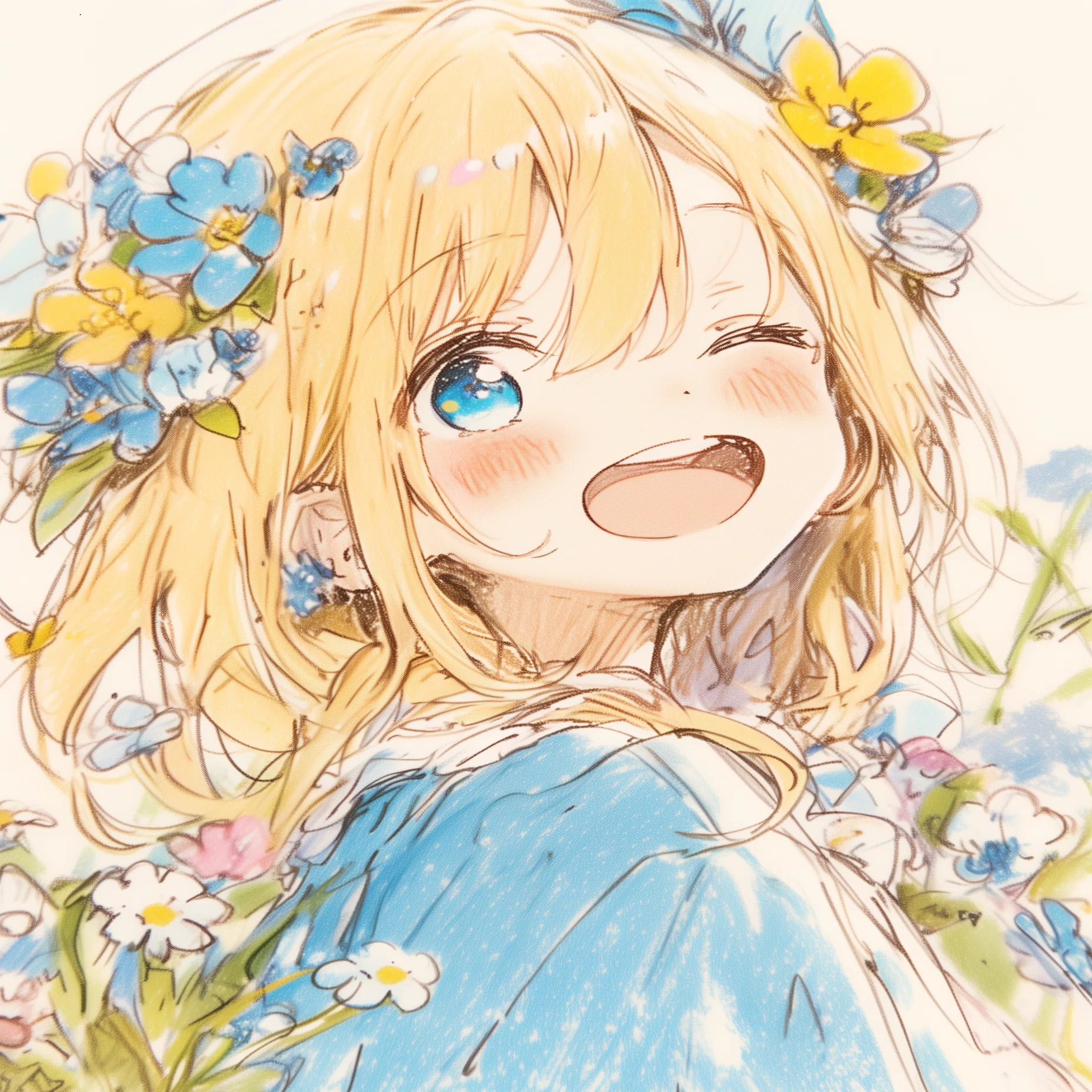 AIイラスト制作記｜アリス風の少女が見せるウィンク─ 色鉛筆スケッチ