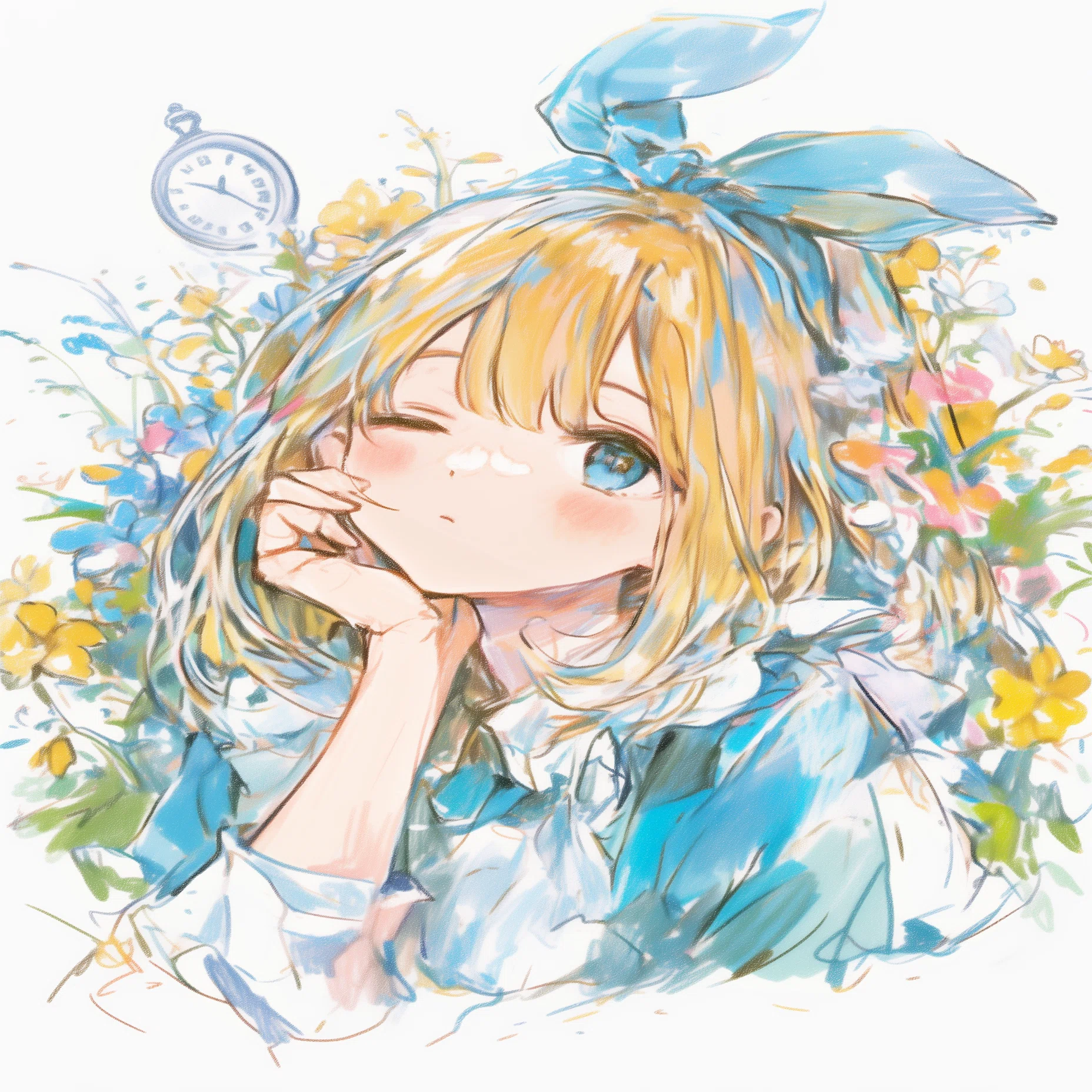 AIイラスト制作記｜アリス風の少女が見せるウィンク─ 色鉛筆スケッチ