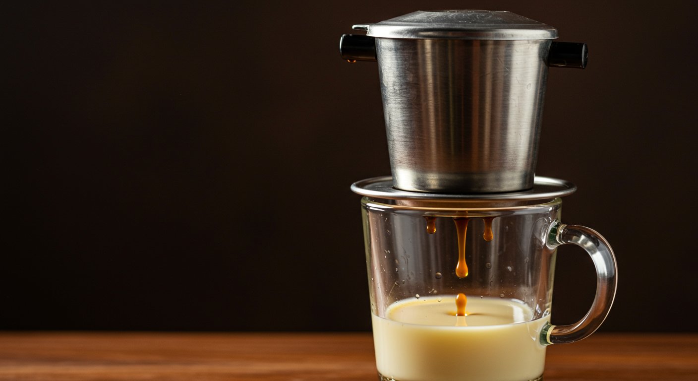 伝統的なフィンを使ったベトナムコーヒーの抽出風景