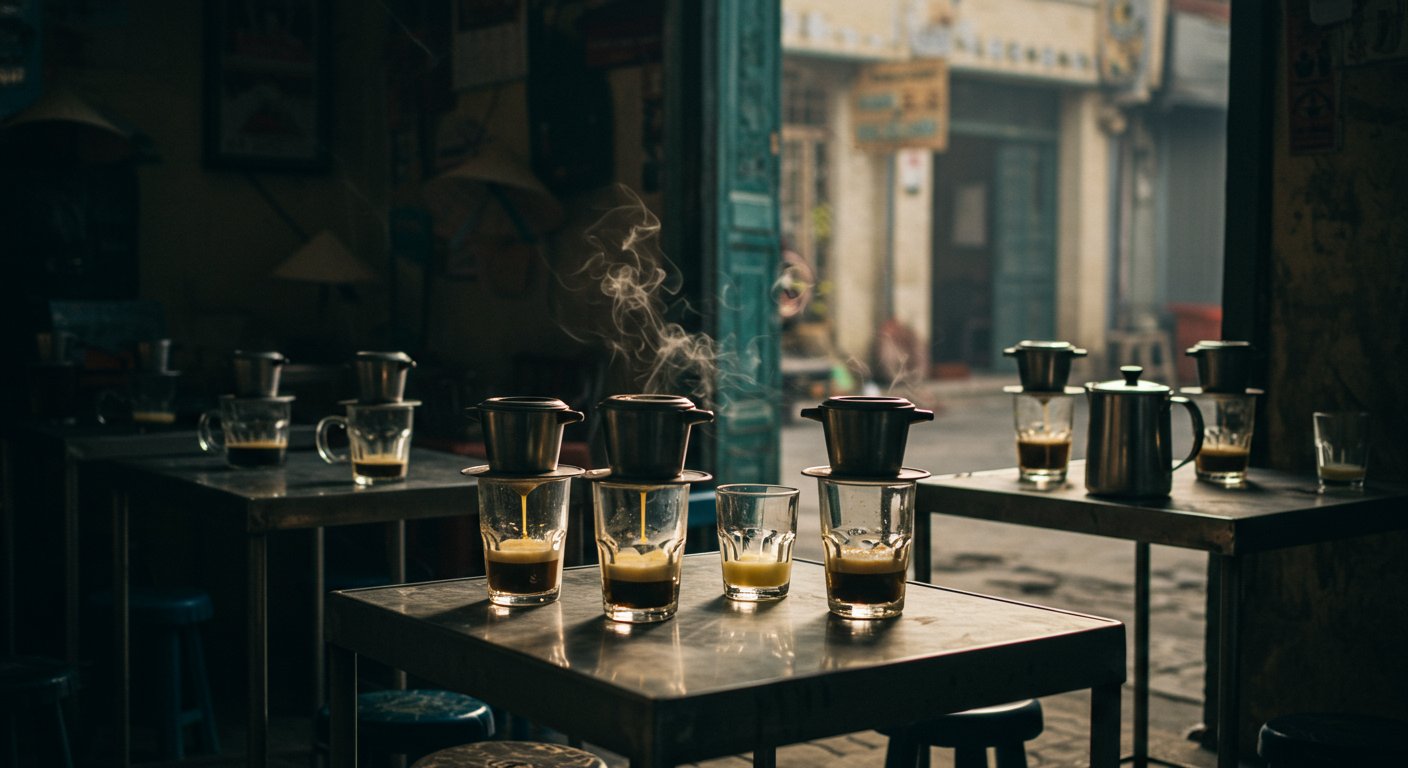 ベトナムの伝統的なカフェでコーヒーを楽しむ風景