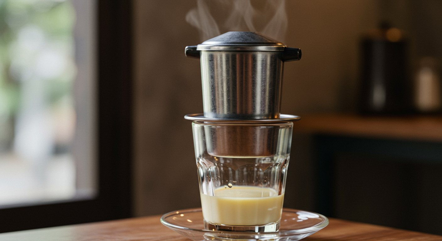 伝統的なフィンを使ったベトナムコーヒーの抽出風景