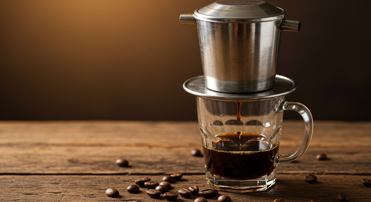 ベトナム伝統のフィンでコーヒーを淹れている様子