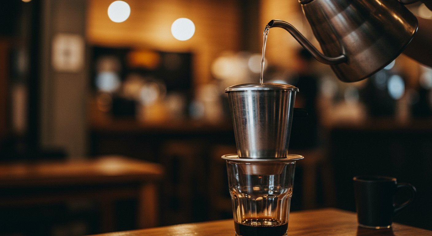 ベトナム伝統のフィンでコーヒーを淹れている様子