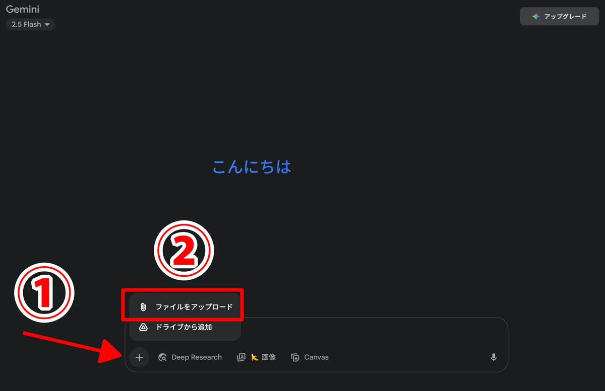 Screenshot of Google Gemini chat interface, showing model selection (Gemini 2.5 Flash), file upload button (+), and chat input area.