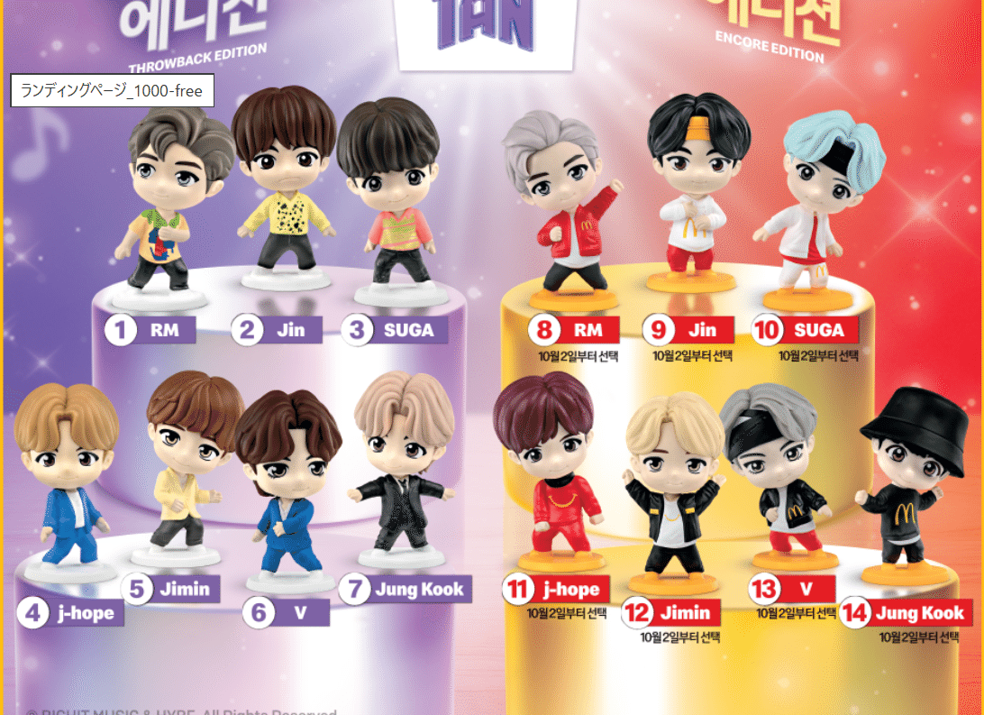 BTS 韓国 マクドナルド フィギュア 7点+ハッピーミールの箱7点セット BTS 韓国 マクドナルド ハッピーセット コラボ フィギュア 7点