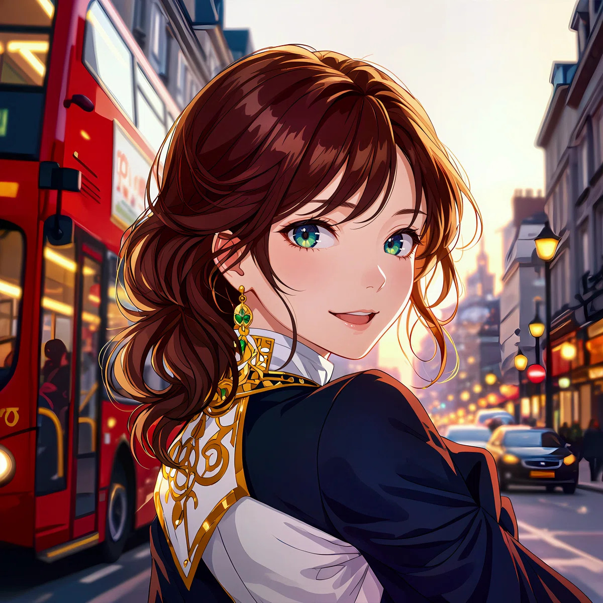 Anime-style illustration of a beautiful brown-haired woman with green eyes in elegant attire, standing on a London street at dusk beside a red double-decker bus.