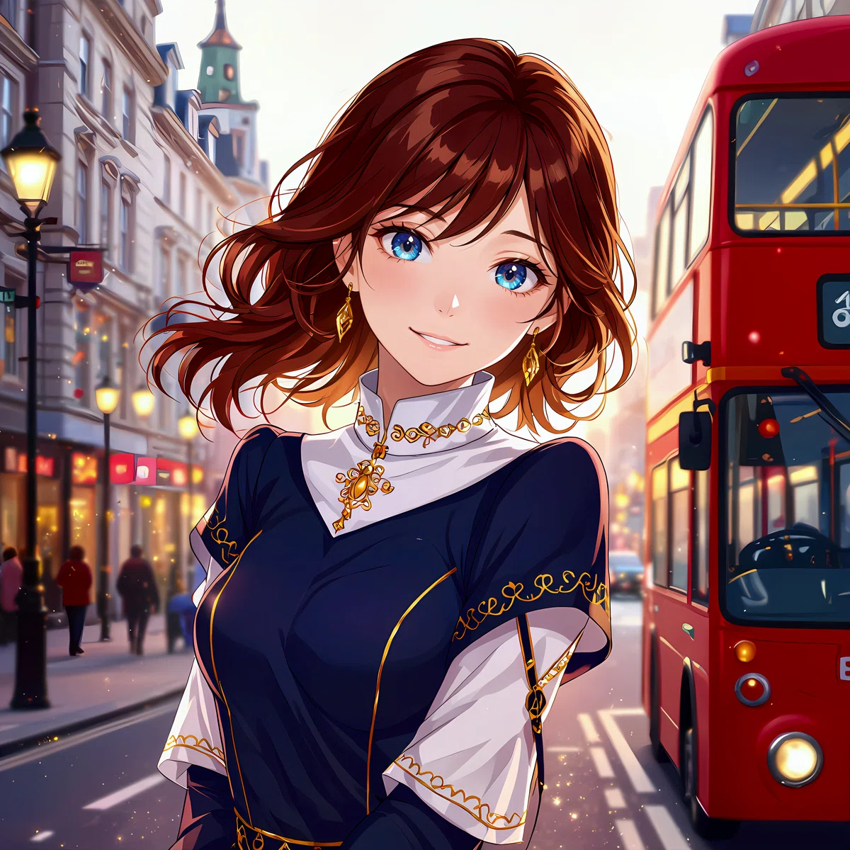 Anime-style illustration of a beautiful brown-haired woman with blue eyes in formal attire, standing on a London street at dusk with a red double-decker bus.