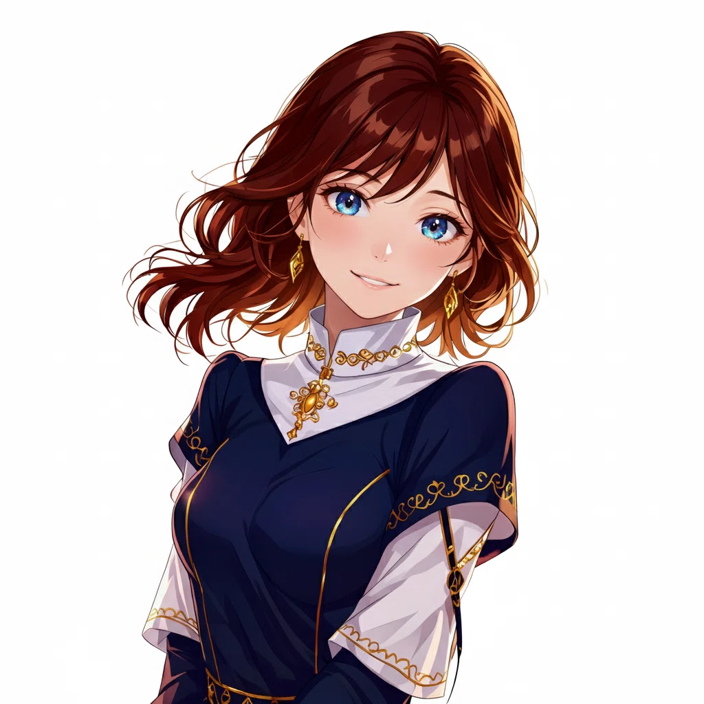 Edited anime illustration with background removed: A brown-haired woman in blue attire isolated on a transparent background.