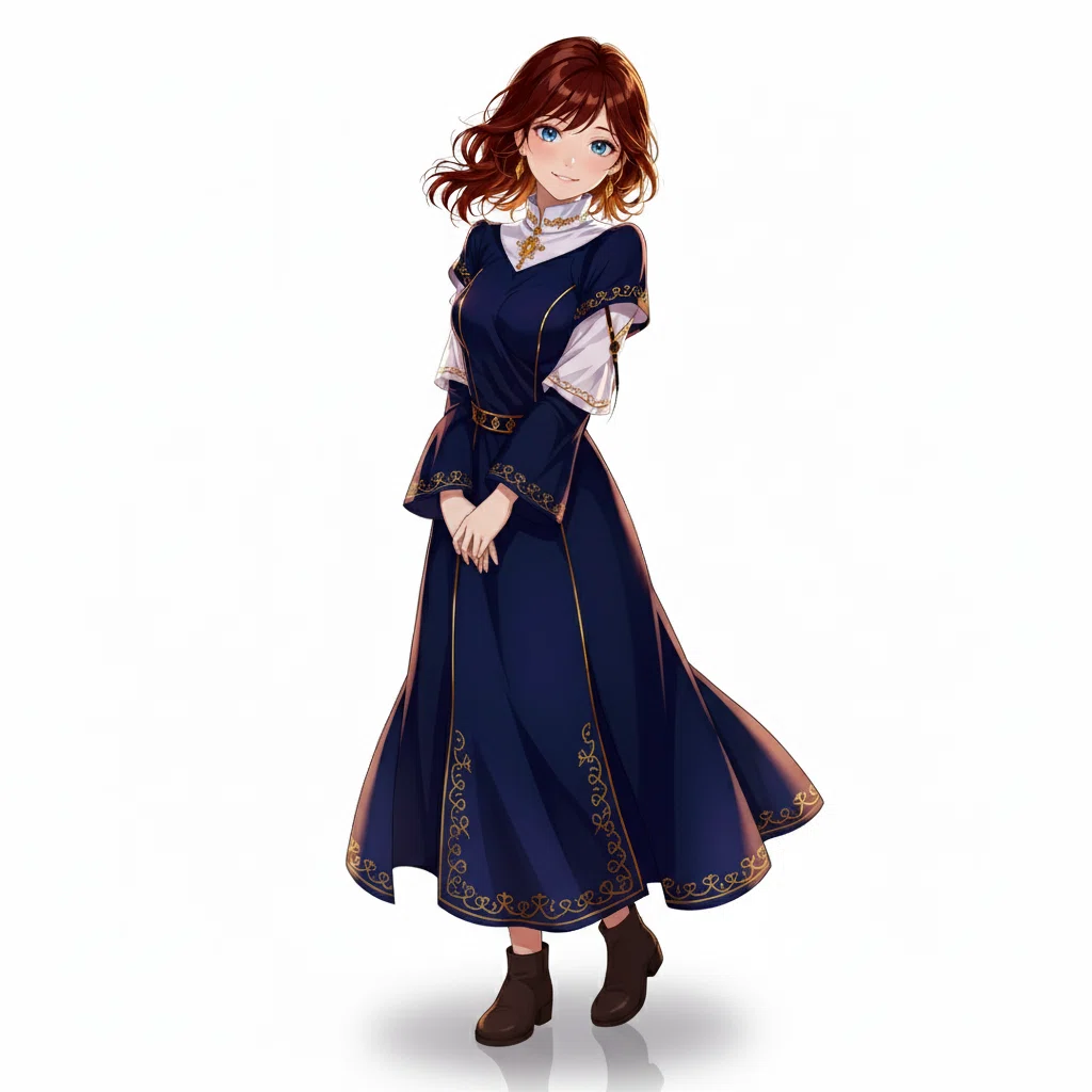 Full-body anime illustration of a brown-haired woman in a blue dress with gold accents, standing gracefully.