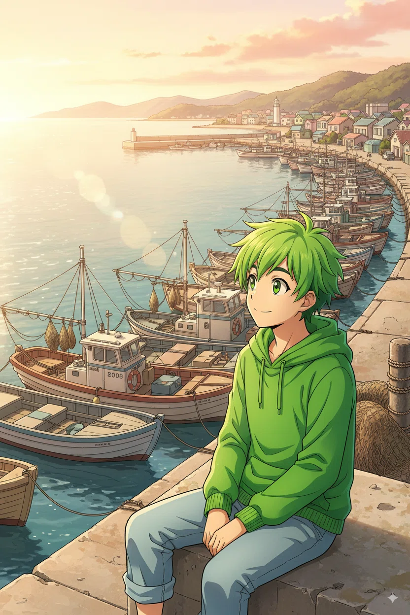 日本アニメ風のイラスト。緑髪の少年が港町の防波堤に座り、夕日の光を浴びながら海を眺めている。背景には漁船が並び、奥には灯台や町並みが広がっている。少年は緑のパーカーとデニムを着て、穏やかな表情を浮かべている。