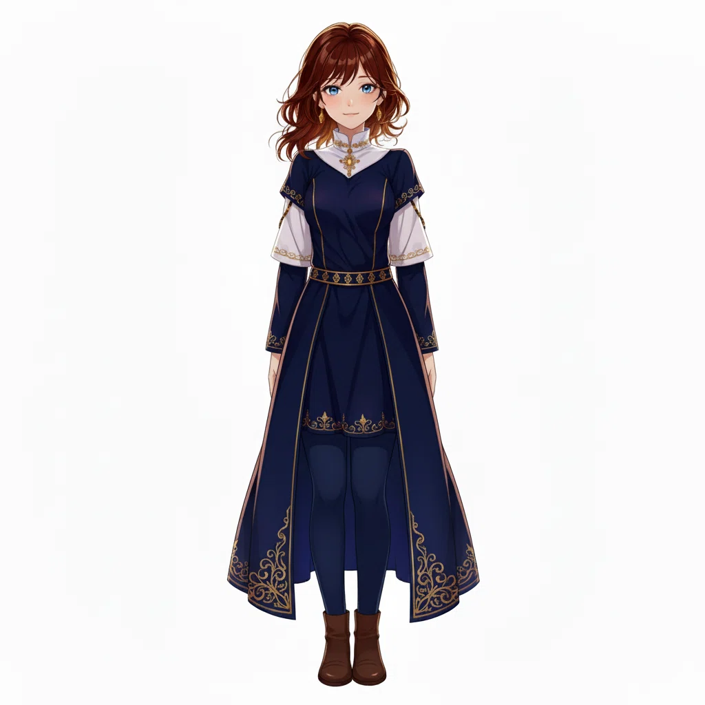 Anime illustration of a brown-haired woman in a blue dress standing at attention in a full-body view.