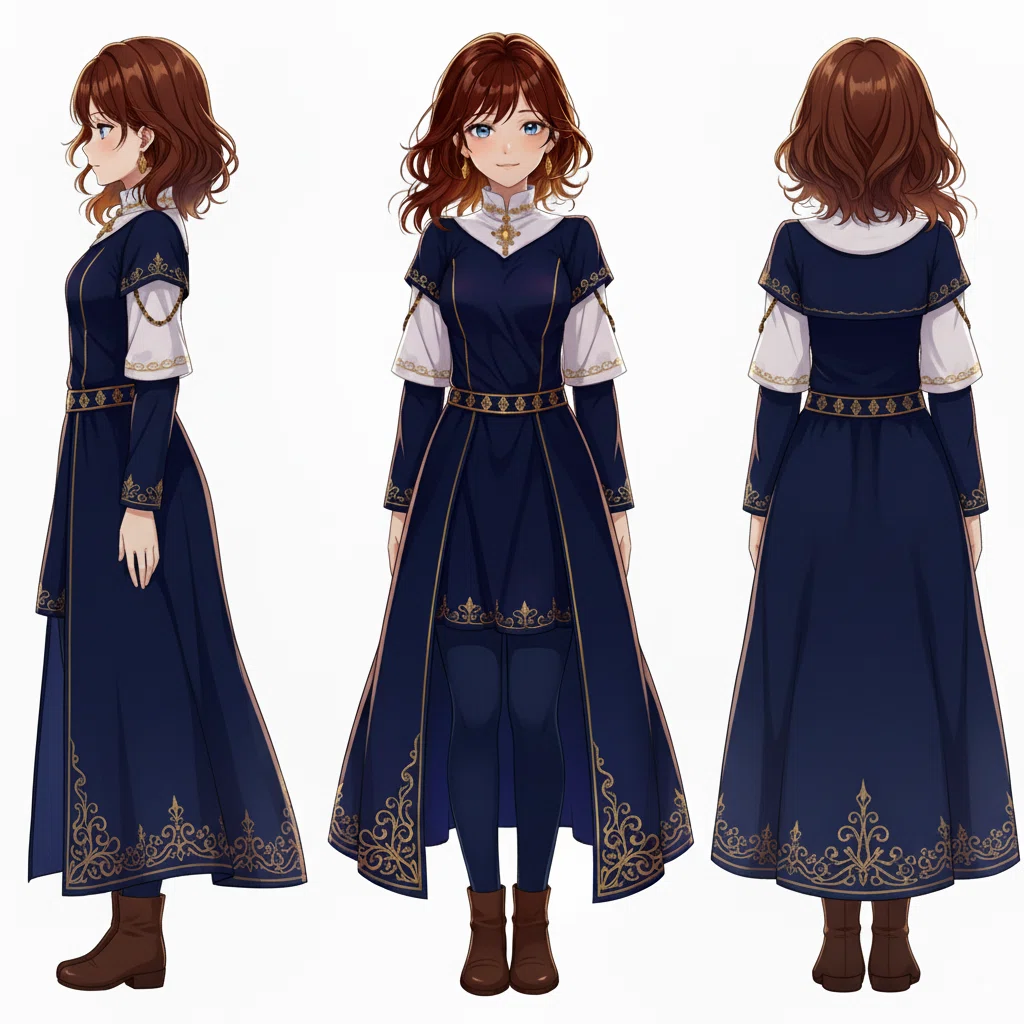Character sheet with three-view anime illustration: Front, side, and back of a brown-haired woman in blue attire.