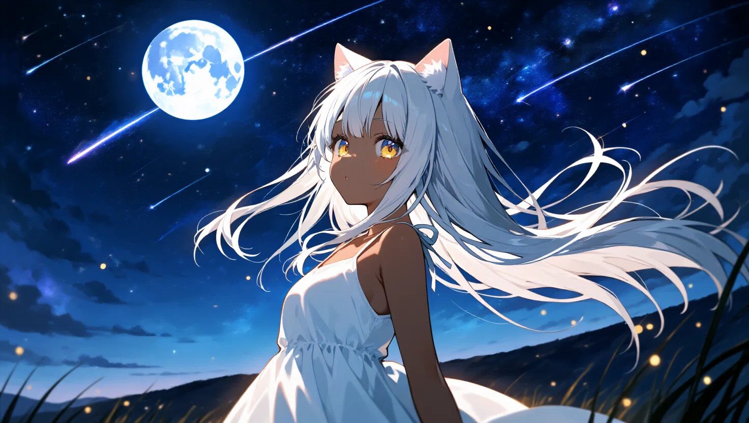 銀色少女と星月の夜｜AIイラスト｜めいのは✨️AIといっしょに創る