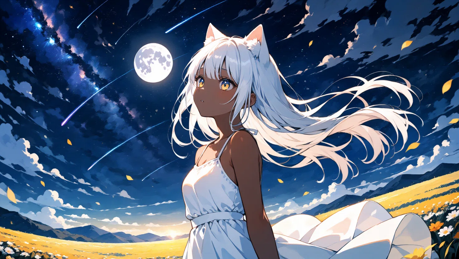 銀色少女と星月の夜｜AIイラスト｜めいのは✨️AIといっしょに創る