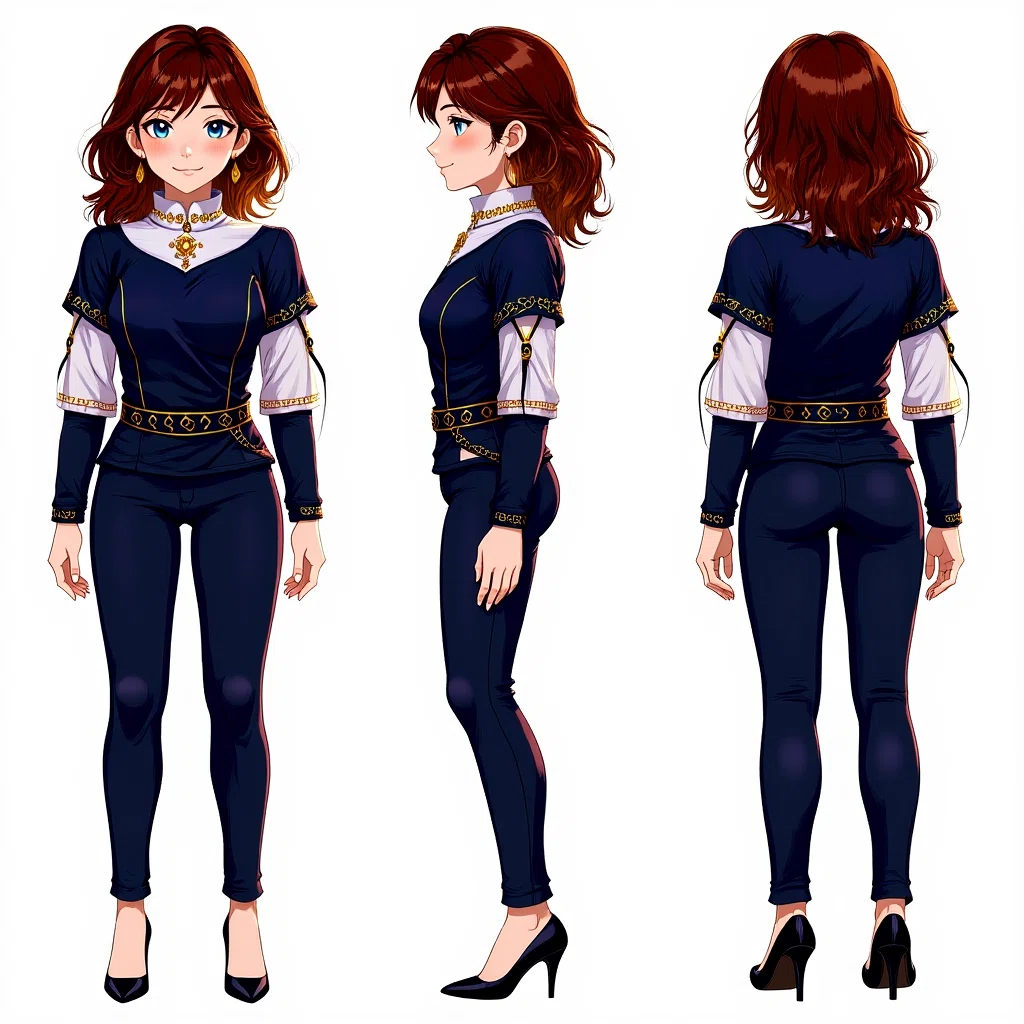 Three-view character sheet generated by Flux.1-Kontext [dev]: Anime-style illustration with slightly childlike proportions.