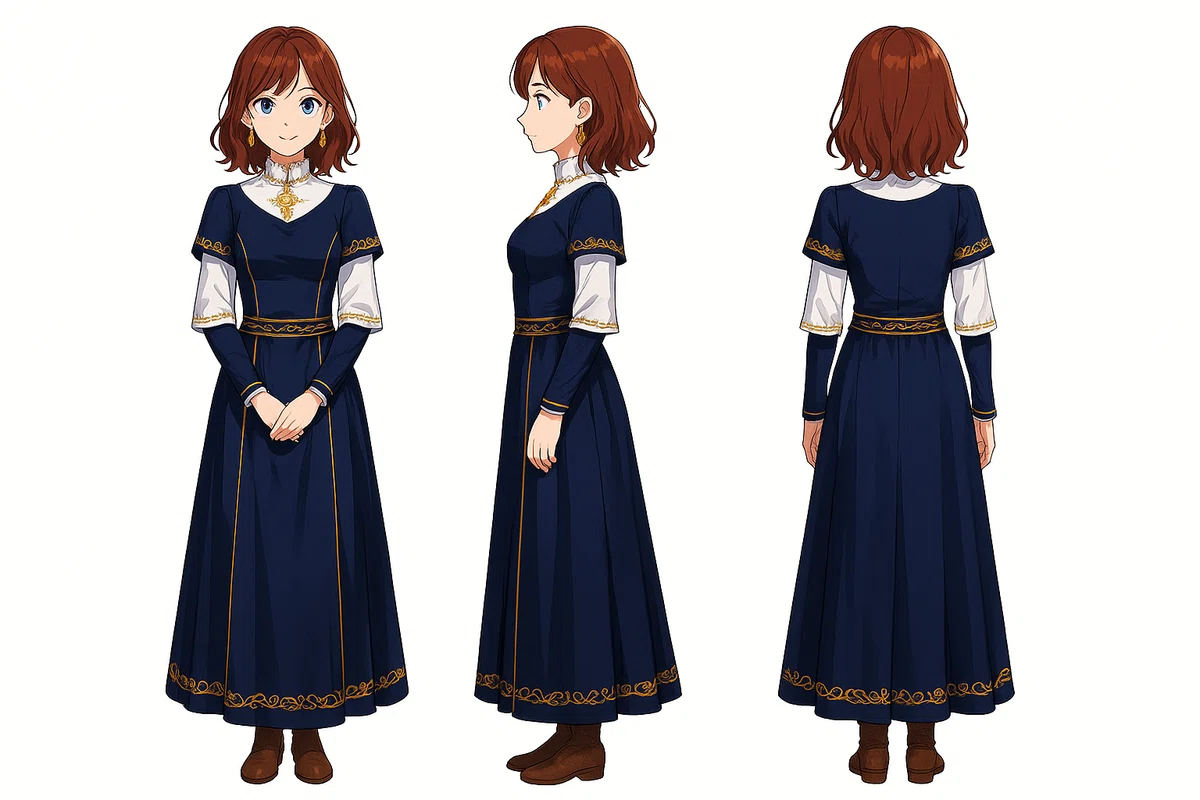 Three-view character sheet generated by GPT-Image-1: Anime-style brown-haired woman with brownish tones in front, side, and back views.