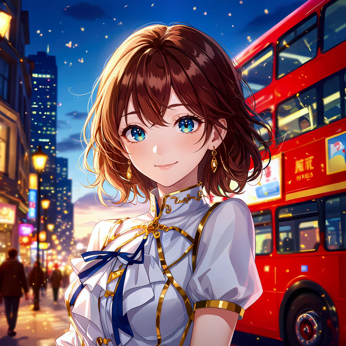 Anime-style illustration of a beautiful brown-haired woman with blue eyes on a London street at dusk, emphasizing importance.