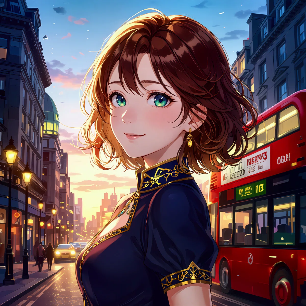 Anime illustration of a woman in London at dusk.