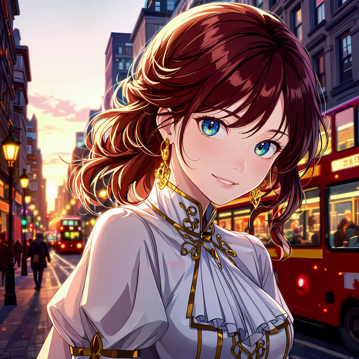 Anime illustration showing safe use of self-generated images: A woman in London street scene.