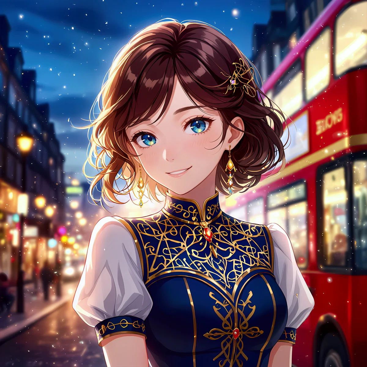 Anime illustration advising against uploading real photos: Stylized woman in urban scene.