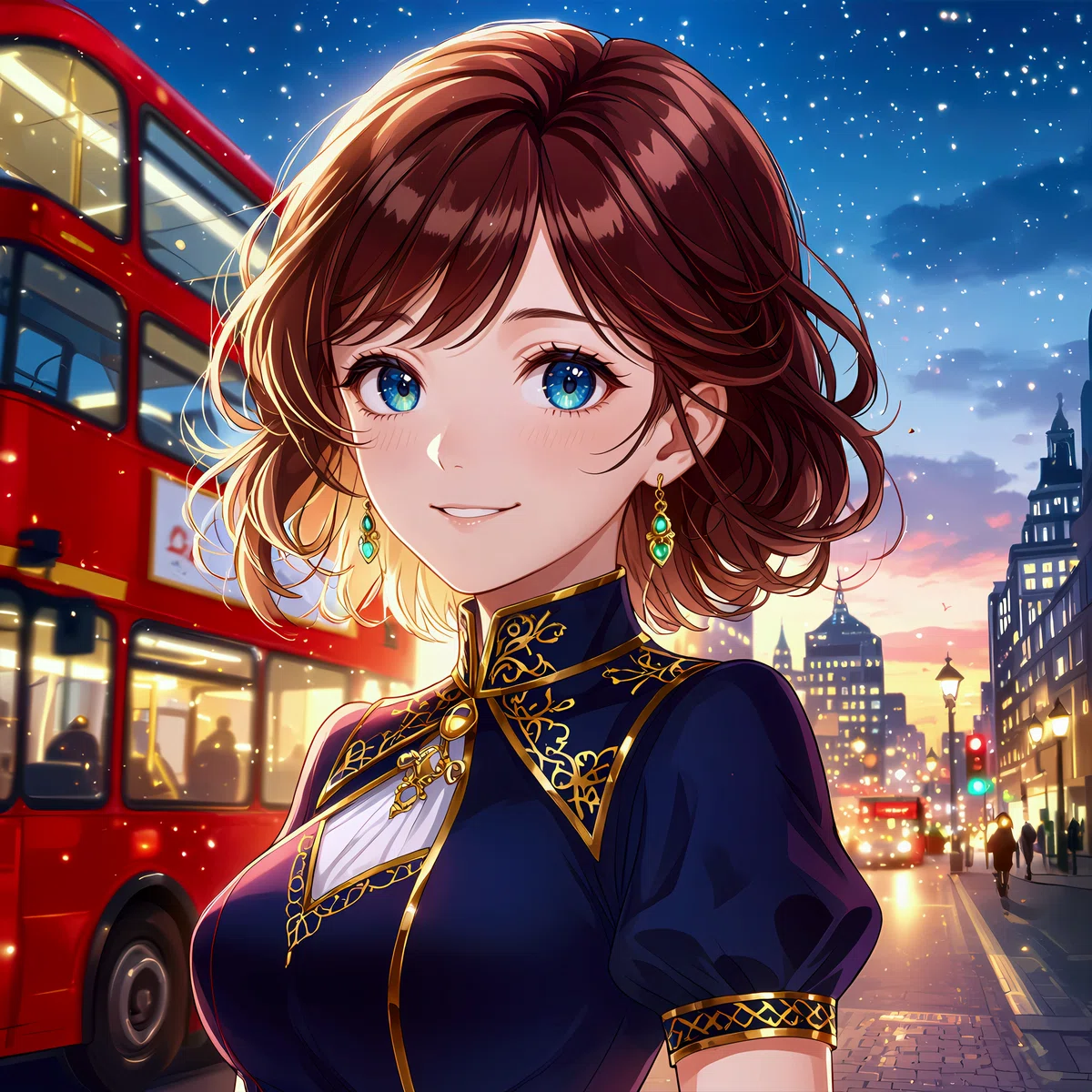 Anime illustration representing woman on London street.
