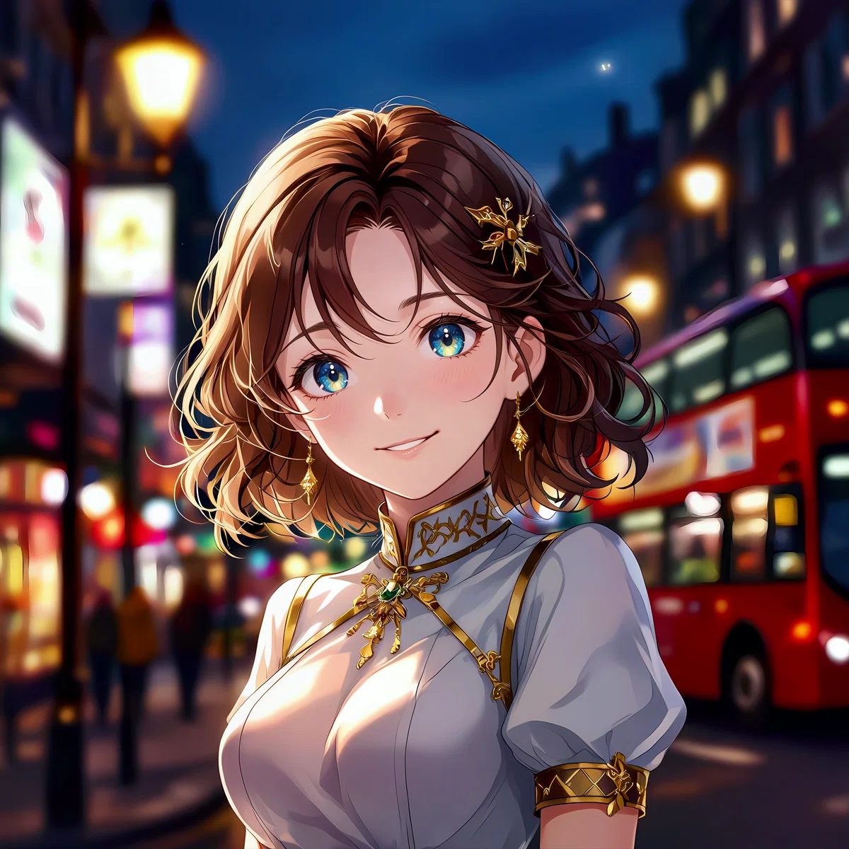 Anime-style closing illustration: Beautiful woman on London street at dusk, thanking sponsor Pollo.ai.