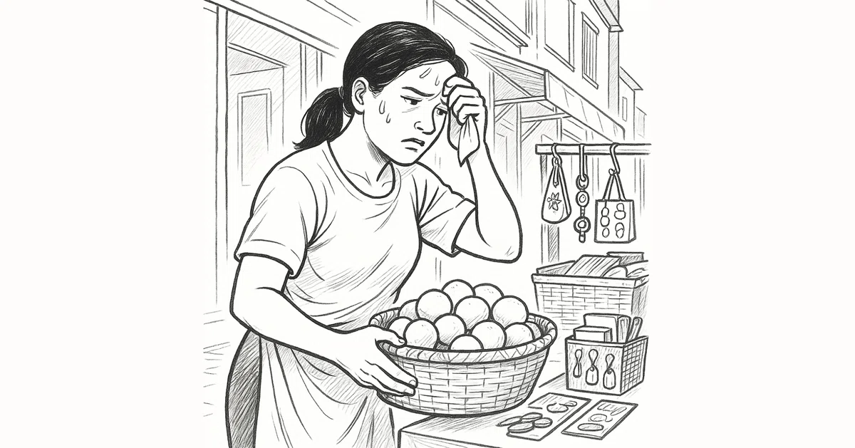 香港の路地で、籠いっぱいの果物を抱えながら汗をぬぐうフィリピン人女性を描いた線画
