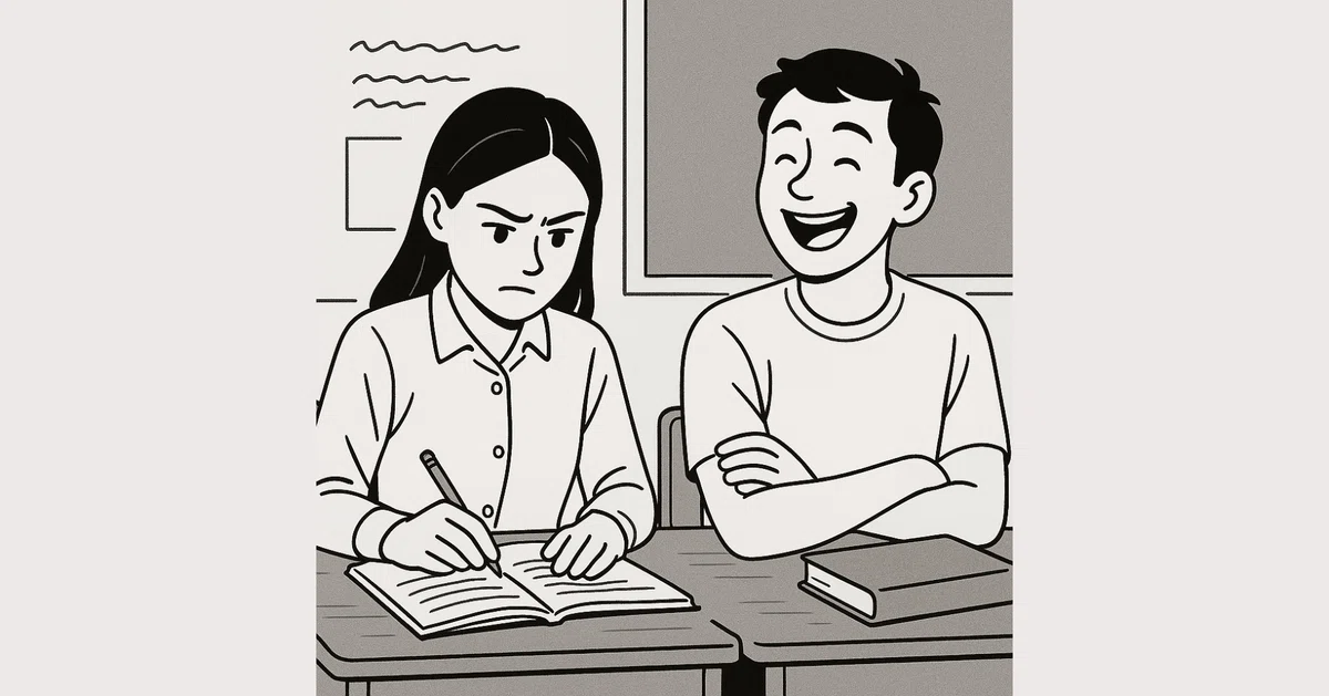 教室で真面目にノートを取る女性学生と、隣でへらへら笑って授業を聞いていない男性学生を描いた線画