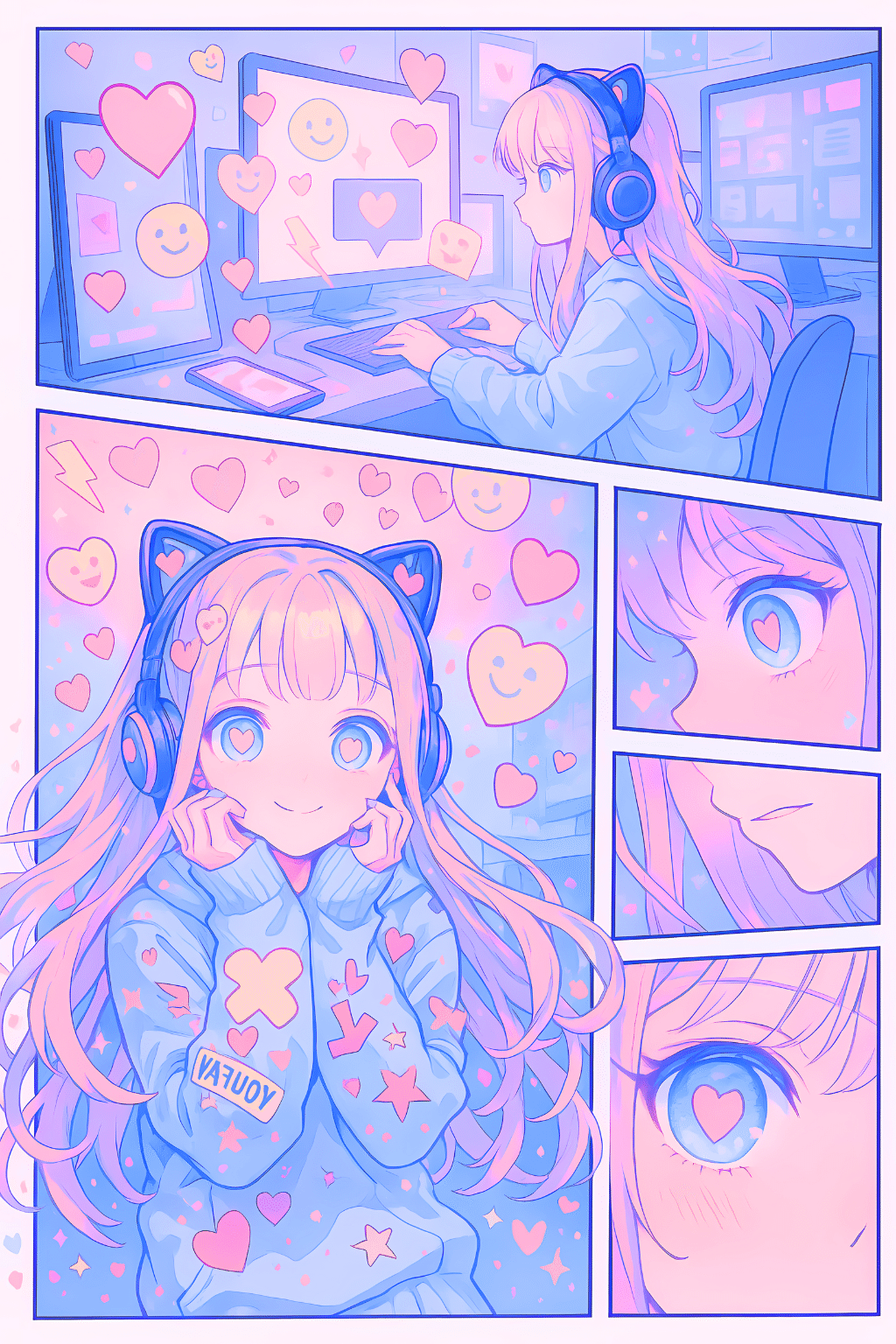 イラスト　ポップ画　オリジナル　アニメ風　自作画 Popping Hearts Overflow【画像生成AI＋4コマ漫画】｜Alpaka