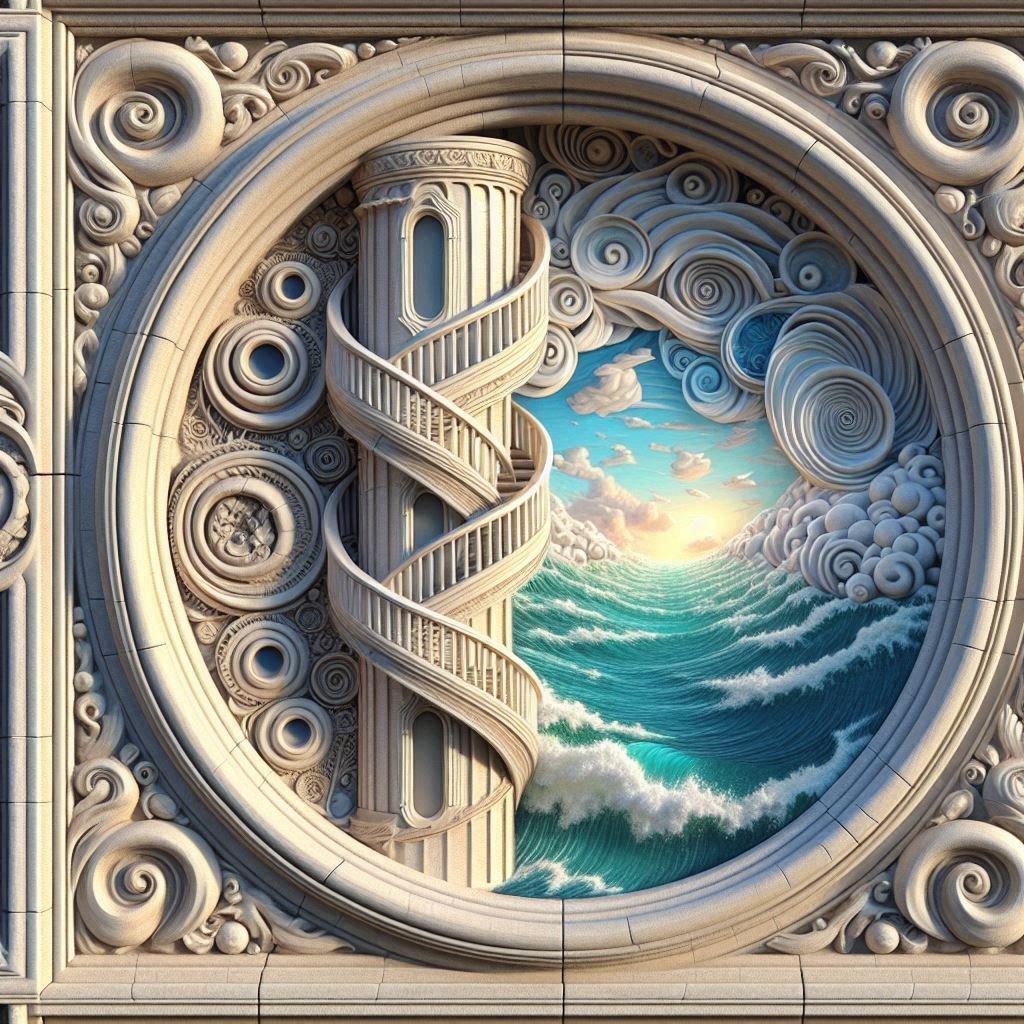 無料AI de 平面的な立体作品（塔螺旋階段海空） @Image